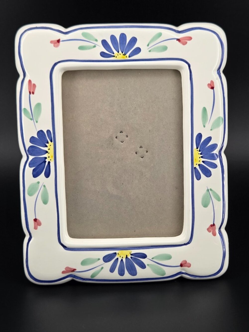 Vintage Fetco Ceramic 5x7 Hand Painted Floral Picture Frame Scalloped Blue White